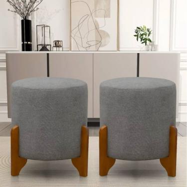 Imagem de Kit 2 Puff Redondo Linho Com Pés Em Madeira Maciça Decorativo Sala Quarto