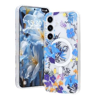 Imagem de AIGOMARA Capa magnética para Samsung Galaxy S24 [compatível com MagSafe] Design com estampa floral transparente, fina, antiamarelamento, à prova de choque, para mulheres e meninas, azul