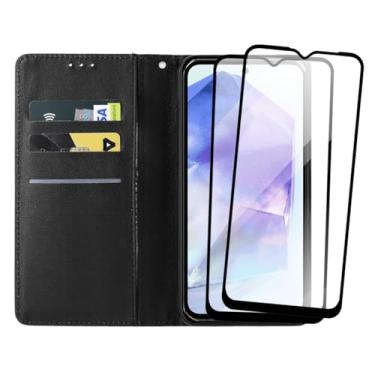Imagem de Kit Capa Carteira Para Galaxy A55, Porta Cartões Preta com Fechamento Magnético + 2 Películas de Vidro 3D