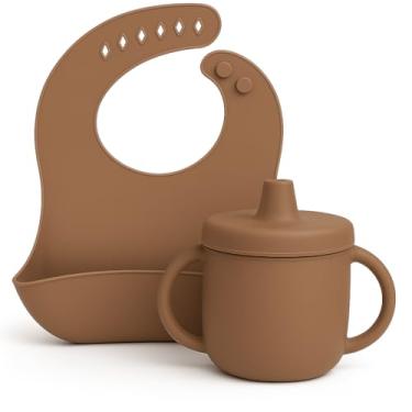 Imagem de Kit Alimentação Infantil Silicone – Copo Antivazamento com Canudo + Babador Coletor Ajustável – Livre de BPA, Ideal para Introdução Alimentar (Chocolate)
