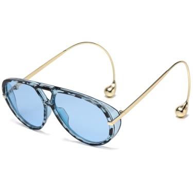 Imagem de LASPOR Óculos de sol aviador grandes para mulheres, vintage, com brinco ajustável, armação grande, óculos escuros femininos, Armação de leopardo azul/lente azul