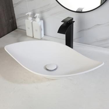 Imagem de Focitland Pia de banheiro de resina de pedra de 63 cm com torneira de arco alto e combinação de ralo pop-up, pia de vaso em forma de folha acima do balcão moderna tigela de pia de vaso de banheiro