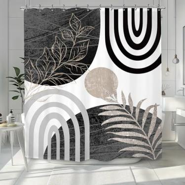 Imagem de Yookeb Cortina de chuveiro cinza abstrata moderna para banheiro 152 cm x 188 cm altura altura minimalista vintage folhas estética planta geométrica poliéster 12 ganchos de plástico à prova d'água