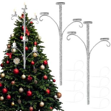 Imagem de MorningRo 2 peças de castiçal triplo de 61 cm para candelabro de Natal com 8 tiras de plástico, suporte de vela de lantejoulas de pérolas artificiais de 3 camadas, decorações de Natal iluminadas para