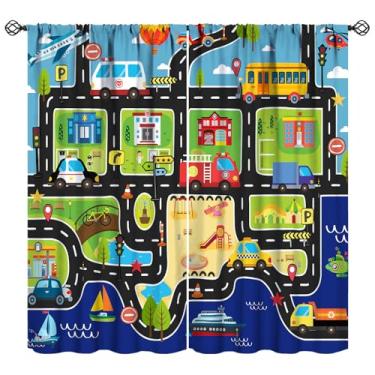 Imagem de YCness Cortinas infantis de caminhão para meninos decoração de quarto de construção, carro, trator, arte impressa para sala de jogos, decoração de berçário, tecido, 2 painéis, 106 x 113 cm, taxa de