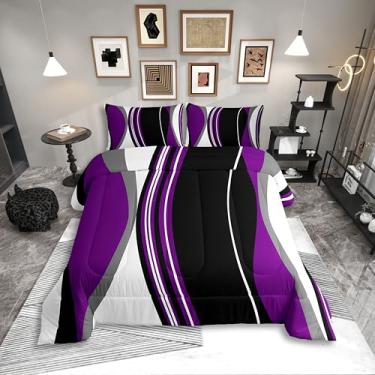 Imagem de Erosebridal Conjunto de edredom Queen abstrato roxo preto para adultos, mulheres, homens, cinza, moderno, listrado, geométrico, arte contemporânea, boêmio, conjunto de colcha minimalista