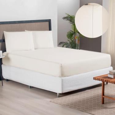 Imagem de Jogo de Lençol Casal Queen 300 Fios Em Poliéster Kit 3 Peças Lençol De Elástico + 2 Fronhas Com Ponto Palito (Jogo De Lençol Palha)