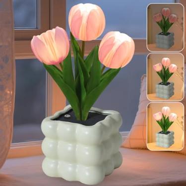 Imagem de Strackvial Candeeiro de mesa de tulipa, luz noturna de escurecimento contínuo, lâmpada de mesa pequena recarregável por USB, lâmpada de flor artificial de tulipa LED estética para quarto, decoração de