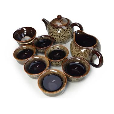 Imagem de Conjunto de chá de cerâmica Kiln Glaze caixa de presente (9 peças), bule de chá de 290 ml, filtro de copo Gongdao e 6 xícaras pequenas, cerimônia de chá de cerâmica esmaltada (conjunto marrom)