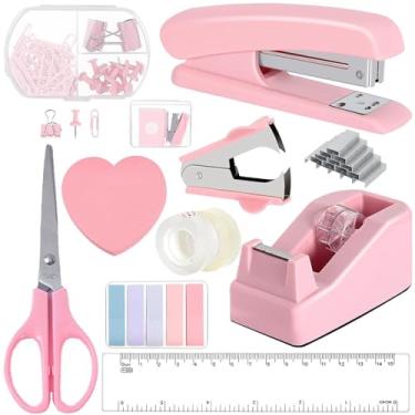 Imagem de Kit de material de escritório rosa com 12 unidades, inclui grampeador, dispensador de fita, removedor de grampo, grampos, clipes, tesouras, grampos, clipes, tesouras, régua e abas