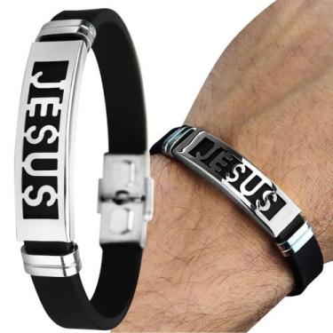 Imagem de Pulseira Masculina Placa Aço Inoxidável Jesus Cristo Prata Qualidade P