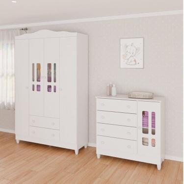 Imagem de Conjunto de Quarto Infantil 1 Cômoda 4 Gavetas 1 Guarda-Roupa de Bebê 4 Portas e 2 Gavetas Ariel Branco