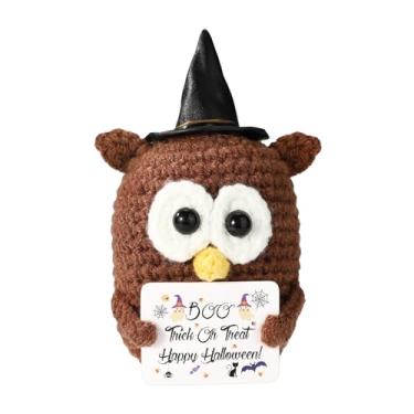 Imagem de TOYMIS Coruja Positiva, Boneca Coruja Crochê Tricotada 11cm com Chapéu Bruxa e Cartão Inspirador Presente Fofo Apoio Brinquedo Emocional para Adultos Amigos Família Halloween Decoração Festa