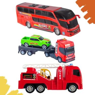 Imagem de Kit Brinquedo 1 Caminhão De Bombeiro 1 Mini Reboque 1 Mini Buzão Plástico Menino Criança Articulável