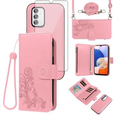 Imagem de Asuwish Capa de celular para Samsung Galaxy A14/M14 5G com zíper carteira magnética destacável com protetor de tela de vidro temperado alça transversal flor compartimento para cartão A 14 4G 14A 14M