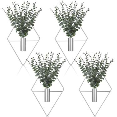 Imagem de Jexine Vaso suspenso de metal artificial de eucalipto, suporte para plantas internas, geométrico, moderno, boêmio, banheiro, decoração de parede para sala de estar, escritório em casa (prata cromada