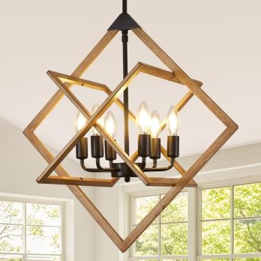 Imagem de Lustre de casa de fazenda de 61 cm, luminária geométrica de sala de jantar de teto de 6 luzes, luminárias de hall de entrada rústico moderno, luzes pendentes suspensas de grão de madeira industrial