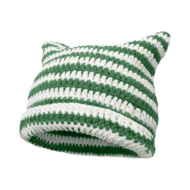 Imagem de Gorro Feminino De Inverno Listrado Com Orelhas De Gato, Estilo Coreano
