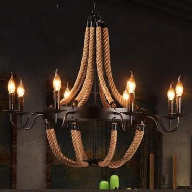 Imagem de E14 E Corda De Cânhamo Lustre Pingente Luz Loft Industrial E Mesa De Jantar Lustre Ferro Pendurado Lâmpada, 8-lamps