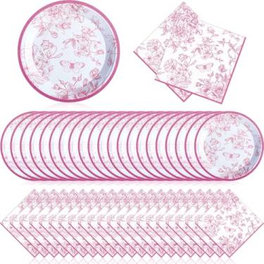 Imagem de Zhehao 120 peças de pratos e guardanapos de papel descartáveis em massa decorações de festa de aniversário suprimentos de festa de casamento (rosa, flores rosa)