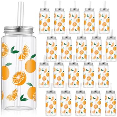 Imagem de Vesici 24 peças de copos de festa fofos laranja reutilizáveis 400 ml copos de plástico transparente com canudo e tampa para frutas cítricas de verão aniversário chá de bebê gênero revelar suprimentos