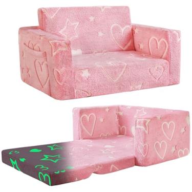 Imagem de Cadeira infantil confortável, sofá infantil macio 2 em 1 dobrável para crianças, sofá conversível para espreguiçadeira, presente para aniversário de meninas e meninos, coração, grande