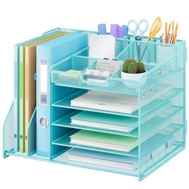 Imagem de Lavatino Organizador de mesa de 5 camadas com 2 suportes de arquivo, bandeja de papel ajustável de metal para organizadores e acessórios de mesa de escritório ou casa | 7 divisórias flexíveis mantêm