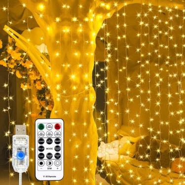 Imagem de Luz de cortina SINAMER 200LED 2x2m, branca quente, 8 modos, USB