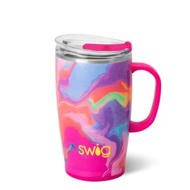 Imagem de Swig Life Caneca de viagem de 510 g, copo isolado com alça e tampa, caneca de café de viagem, compatível com porta-copos, copo de aço inoxidável de 510 g, reutilizável isolado com tampa (Candy Crush)