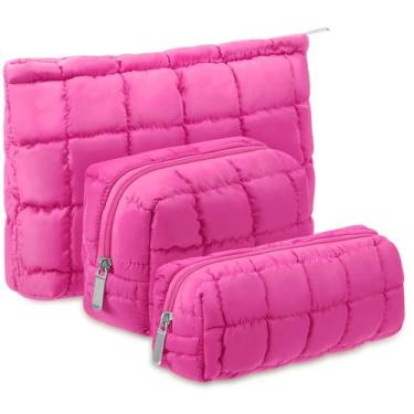 Imagem de Bolsa de cosméticos Huhumy Puffy acolchoada rosa choque, 3 peças para 