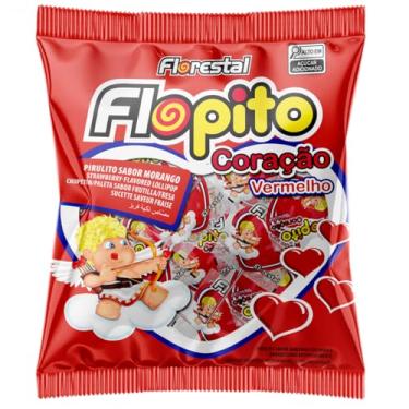 Imagem de Pirulito Coração Vermelho Flopito C/50 Unidades Morango Pacote 500g Florestal