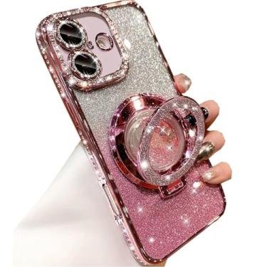 Imagem de Changjia Capa com suporte de glitter para iPhone 16 Plus, strass de diamante brilhante de luxo com protetor de câmera, anel fluido líquido, suporte de TPU (poliuretano termoplástico), capa feminina