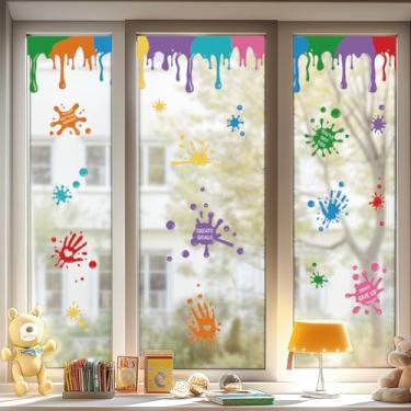 Imagem de ANATTASOUL Adesivos de janela estática com tinta colorida salpicos 1 folha de decalques de janela reutilizáveis para vidro, 120 cm x 30 cm adesivo de janela dupla face removível para quarto