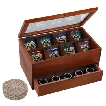 Imagem de Caixa organizadora de saquinhos de chá com gaveta, organizadores de chá com janela de acrílico transparente, caixa de chá de madeira para bancada com 8 compartimentos, suporte para saquinho de chá com