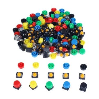 Imagem de JIQI Interruptor de botão tátil momentâneo de 80 peças com design de orifício de passagem de 4 pinos, vem com tampas de botão de 5 cores (cada cor 16 peças) adequado para tábua de pão Arduino (1,2 cm