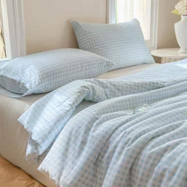 Imagem de NSNLGSGC Conjunto de edredom queen de algodão guingão azul claro, 100% algodão lavado, xadrez, azul, 3 peças vintage de fazenda (azul claro, Queen)