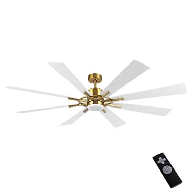 Imagem de WINGBO Ventilador de teto CC de 182 cm com luzes, ventilador de teto dourado e branco com 3 hastes inferiores, 8 lâminas de compensado, motor CC reversível de 6 velocidades, ventiladores de teto