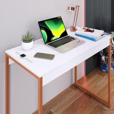Imagem de Mesa Diretor Escritório 90cm Pês de aço MDF Compacta Moderna para Home Office com Espaço e Estilo(Branca Pês ROSE)