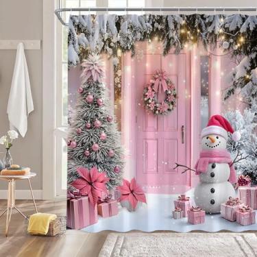 Imagem de Cortina de chuveiro de Natal rosa boneco de neve verde árvore de Natal porta de celeiro floco de neve engraçado casa de fazenda rústica férias de inverno 177,8 cm L x 170 A cortina decorativa de