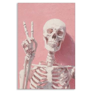 Imagem de OAOPIC Arte de parede em tela rosa esqueleto risonho, pôster gótico pastel extravagante de Halloween, decoração de parede assustadora de outono feminino, imagem fantasma fofa para quarto de meninas 20