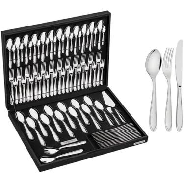 Imagem de Faqueiro Aço Inox com Faca de Mesa e Estojo de Madeira com 76 Peças, Prata, Tramontina