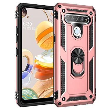 Imagem de SORAKA Capa para LG K61 com suporte de anel capa armadura LG K61 capa traseira de policarbonato rígido com placa de metal para suporte magnético de telefone carro ouro rosa