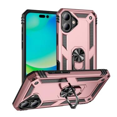 Imagem de SORAKA Capa para iPhone 16 com suporte de anel, capa protetora para iPhone 16, capa traseira de policarbonato rígido com placa de metal para suporte magnético de telefone e carro, ouro rosa