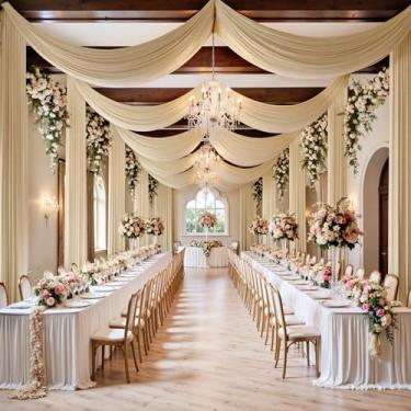 Imagem de Cortina de teto bege de 6 m × 6 m para festas de casamento, tecido drapeado de poliéster sem rugas, cortina bege para barraca de festa, hotel, banquete, salão, decoração de teto, 4 painéis, 5 × 20 pés