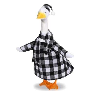 Imagem de Roupas de Natal para varanda de ganso preto e branco buffalo, xadrez, roupa de inverno, roupas de ganso, para decoração de estátua de ganso de plástico de cimento de 58 cm para decoração de Natal