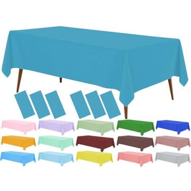 Imagem de Siencooray Toalha de mesa de plástico azul-verde, pacote com 6, toalha de mesa descartável azul-petróleo, 137 x 272 cm para mesa retangular, toalhas de mesa decorativas à prova d'água para festa