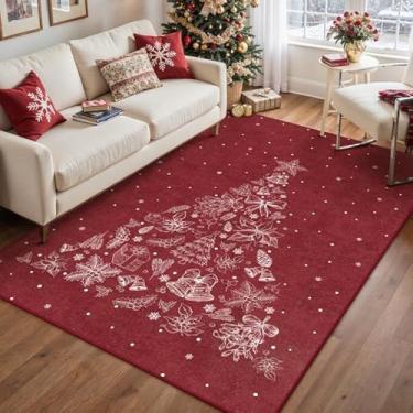 Imagem de PureCozy Tapete de Natal, 10 x 15 cm, vermelho, lavável, com pelo baixo, tapete decorativo antiderrapante para quarto, sala de estar, entrada, sala de jantar, decoração festiva