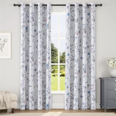 Imagem de ChrisDowa Cortinas florais 100% blackout de 182 cm de comprimento, 2 painéis para quarto, sala de estar, azul marinho, estampa de flor, escurecimento de quarto, isolamento térmico, ilhós, tratamento