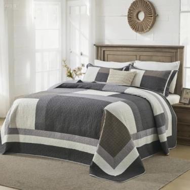 Imagem de Bedduvit Conjunto de colcha queen grande 100% algodão 304,8 cm x 259,1 cm – Colchas xadrez cinza escuro patchwork, tamanho Queen, 3 peças, edredom queen grande, macio e leve, cinza/marrom/branco