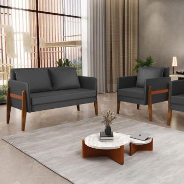 Imagem de Kit 1 Sofá Namoradeira e 1 Poltrona Lana material sintético Base de Ma